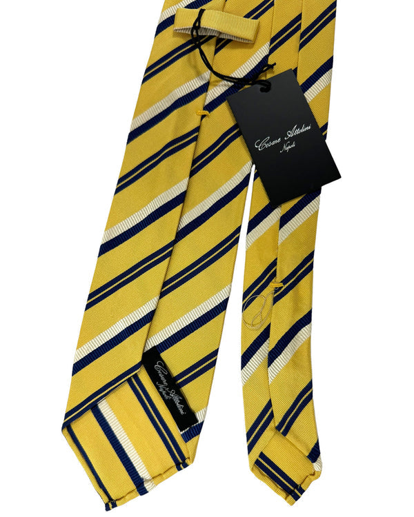 Cesare Attolini Unlined Silk Tie Olive Navy Stripes SALE