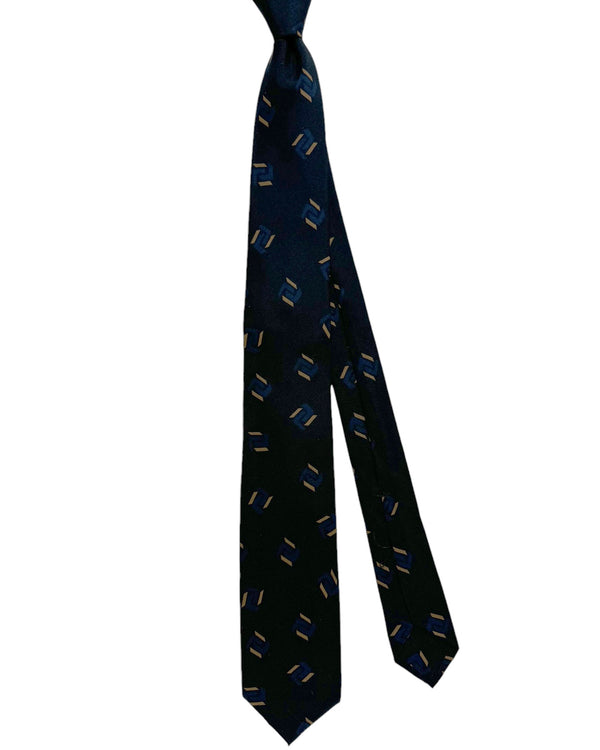 Barba Sevenfold Tie Midnight Blue Brown Geometric Design - Sartorial Neckwear
