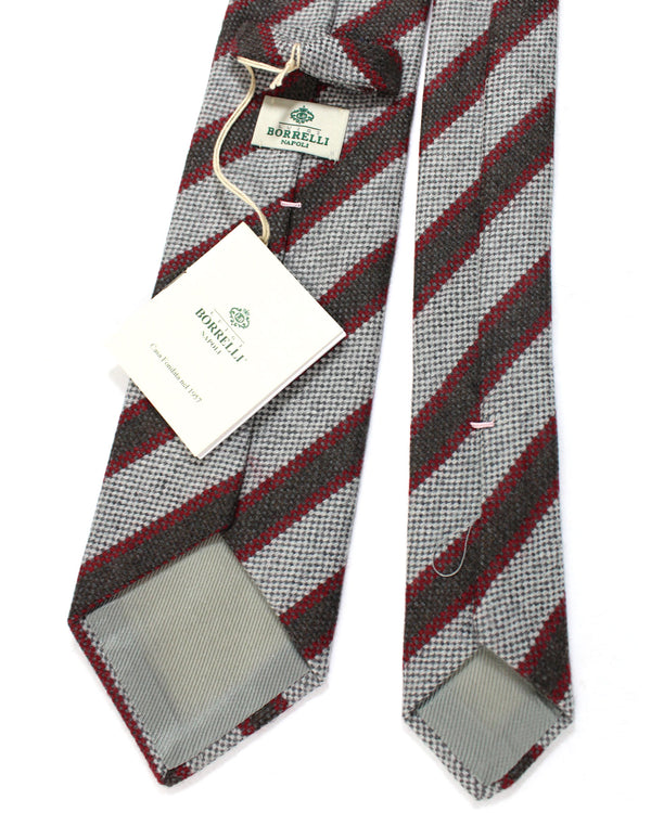 Luigi Borrelli Wool Tie Gray Bordeaux Brown Stripes SALE