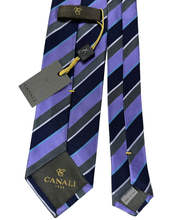 Canali Silk Tie Purple Dark Blue Stripes Pattern - Classic Italian