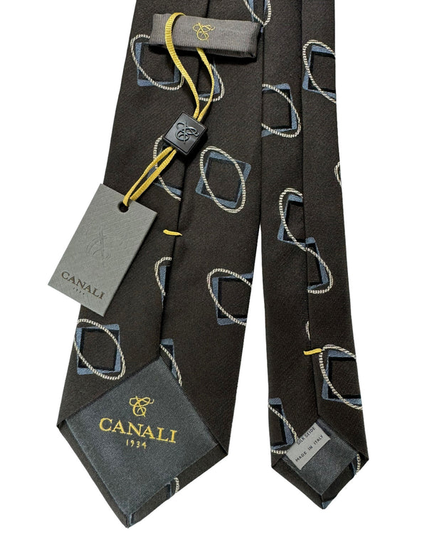 Canali Silk Tie Dark Brown Gray Geometric Pattern - Classic Italian