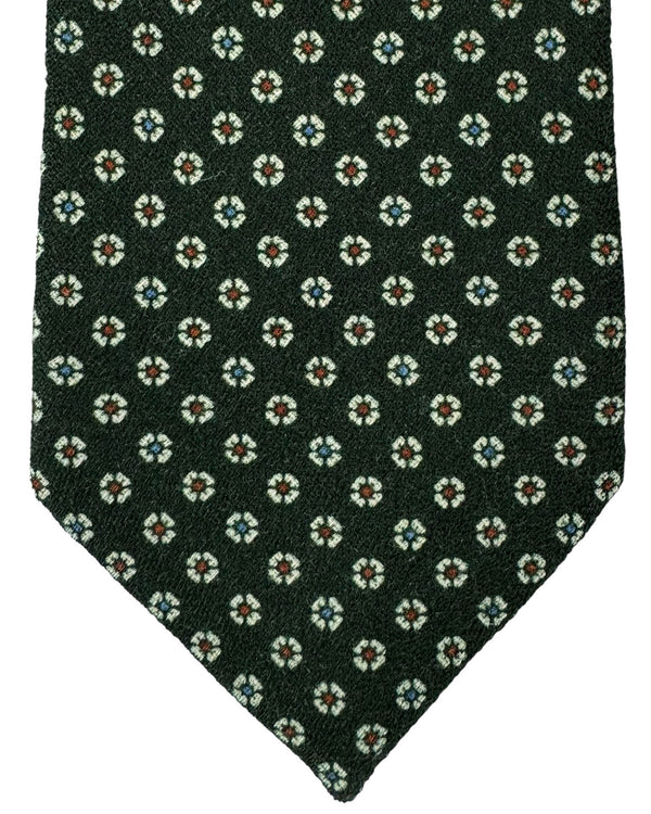 Isaia Tie Dark Green Mini Floral Design - Sevenfold Wool Silk Necktie