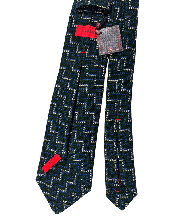 Isaia Tie Dark Green Royal Blue Zig Zag Design - Sevenfold Wool Silk Necktie