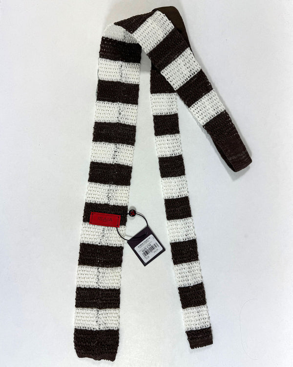 Isaia Squared End Knitted Tie Brown White Stripes SALE
