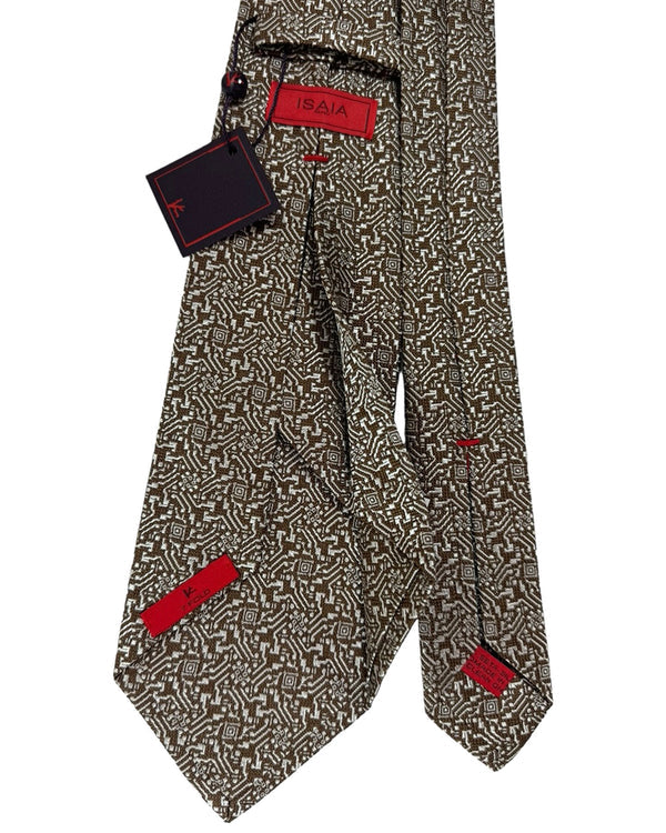 Isaia Tie Taupe Silver Micro Pattern Design - Sevenfold Silk Necktie