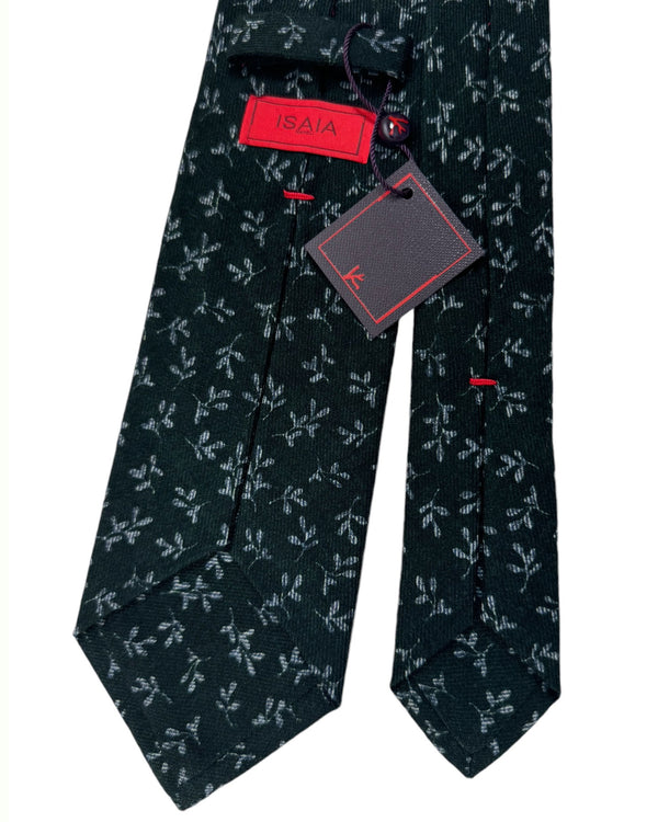 Isaia Tie Dark Green Gray Leaves Design - Sevenfold Wool Necktie