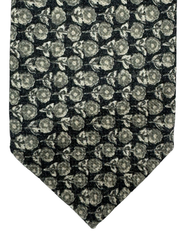 Isaia Sevenfold Tie Dark Gray Floral Design - Wool Silk Necktie SALE