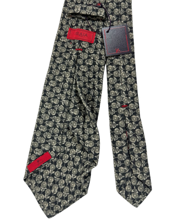 Isaia Sevenfold Tie Dark Gray Floral Design - Wool Silk Necktie SALE