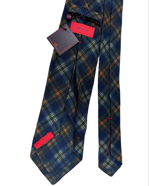 Isaia Sevenfold Tie Navy Forest Green Brown Plaid - Wool Silk Necktie SALE