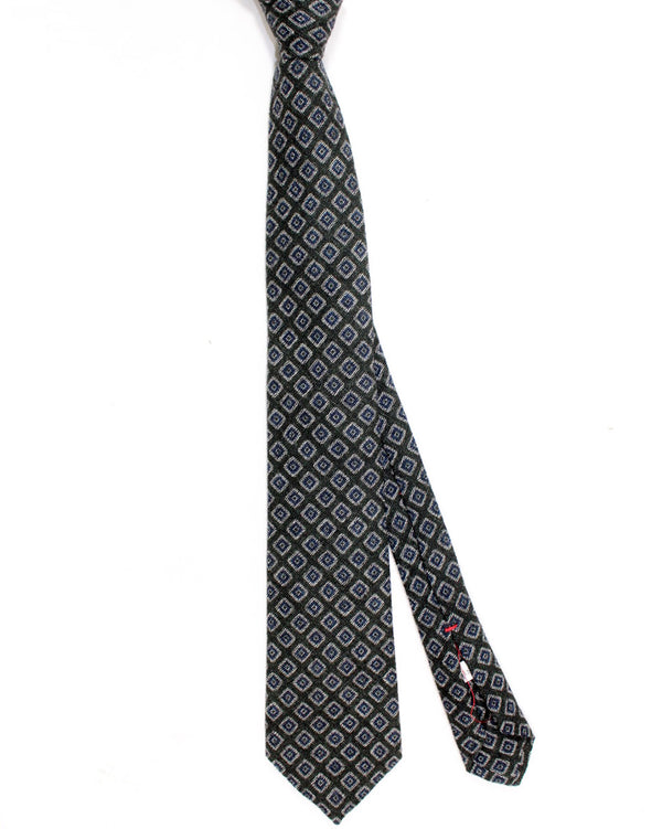 Isaia Sevenfold Tie Black Gray Dark Blue Geometric - Wool Necktie SALE