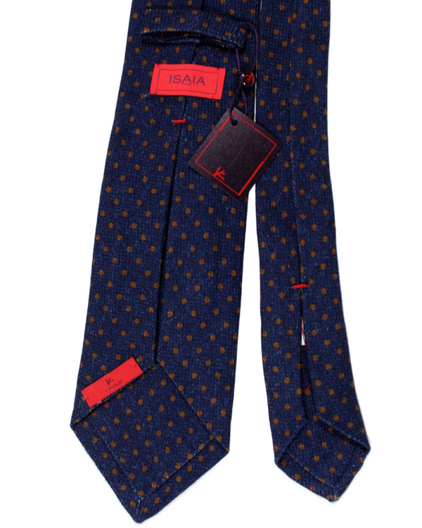 Isaia Sevenfold Tie Midnight Blue Brown Dots - Wool Silk Necktie