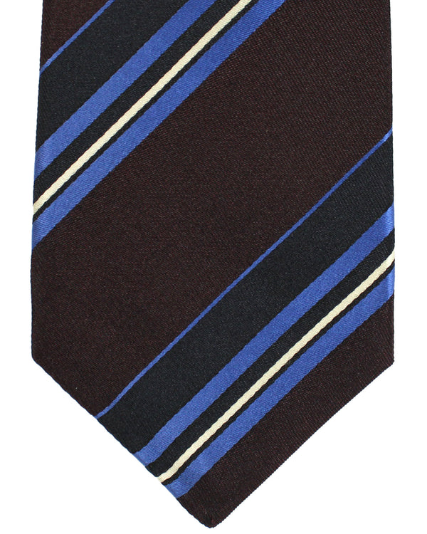 Kiton Silk Tie Dark Brown Royal Blue Stripes Design - Sevenfold Necktie SALE