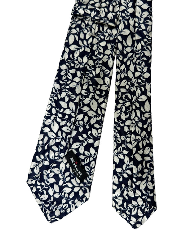 Kiton Tie Dark Blue White Leaves - Narrow Sevenfold Necktie