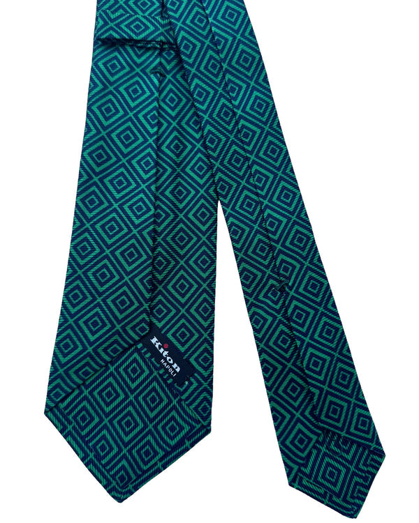 Kiton Tie Dark Blue Green Geometric - Sevenfold Necktie