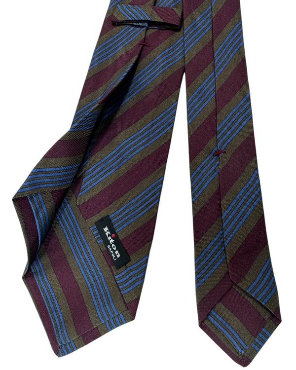 Kiton Tie Brown Maroon Dark Blue Stripes - Sevenfold Necktie