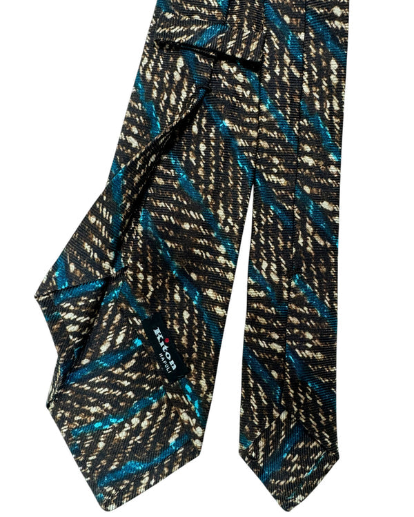 Kiton Silk Tie Brown Aqua Herringbone & Stripes Design - Sevenfold Necktie
