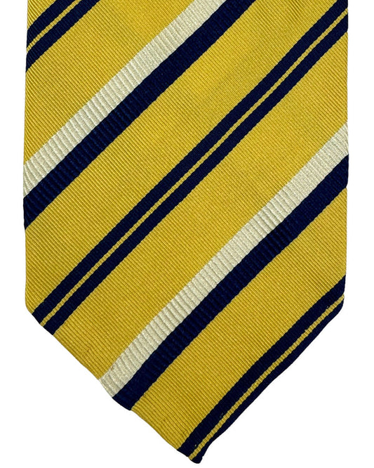 Cesare Attolini Unlined Silk Tie Olive Navy Stripes SALE
