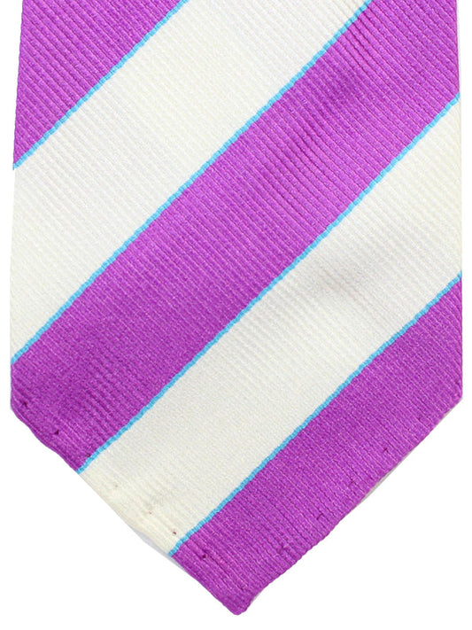 Cesare Attolini Unlined Tie White Magenta Aqua Stripes - FINAL SALE