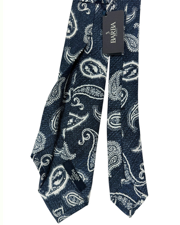 Barba Sevenfold Tie Dark Blue White Paisley Design - Sartorial Neckwear