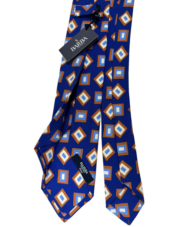 Barba Sevenfold Tie Royal Blue Rust Orange Geometric Design - Sartorial Neckwear