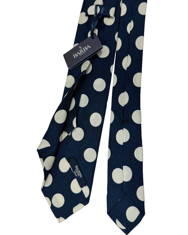 Barba Sevenfold Tie Dark Navy White Silver Polka Dots Design - Sartorial Neckwear