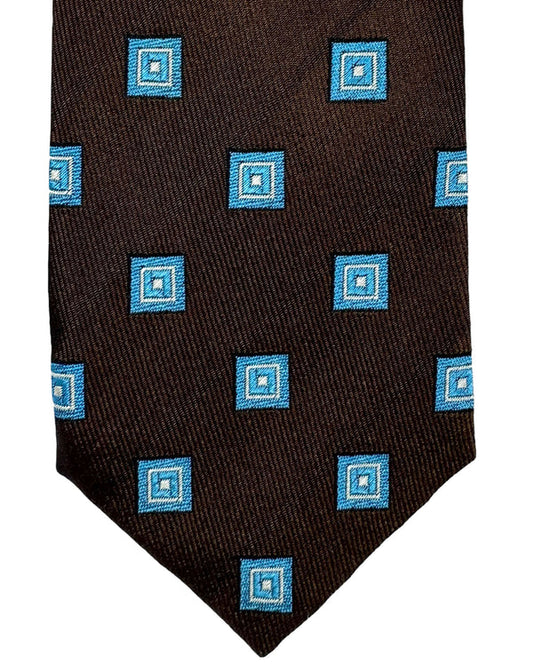 Barba Sevenfold Tie Brown Aqua Silver Squares Design - Sartorial Neckwear