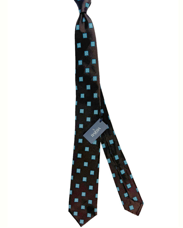 Barba Sevenfold Tie Brown Aqua Silver Squares Design - Sartorial Neckwear