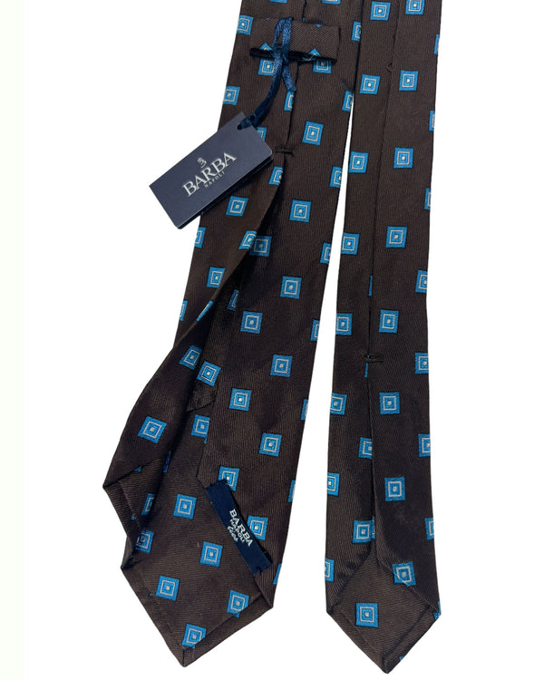 Barba Sevenfold Tie Brown Aqua Silver Squares Design - Sartorial Neckwear