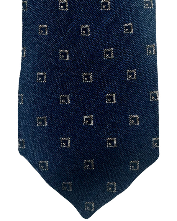 Barba Sevenfold Tie Dark Blue Taupe Geometric Design - Linen Silk