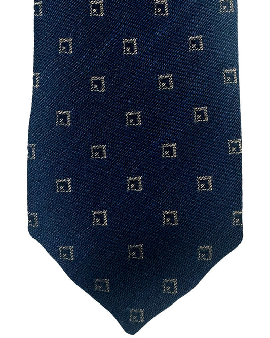 Barba Sevenfold Tie Dark Blue Taupe Geometric Design - Linen Silk