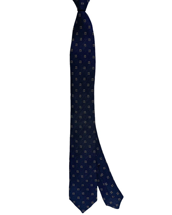 Barba Sevenfold Tie Dark Blue Taupe Geometric Design - Linen Silk