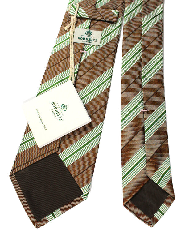 Luigi Borrelli Silk Tie Taupe Green Stripes