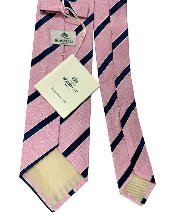 Luigi Borrelli Silk Tie Pink Navy Silver Stripes