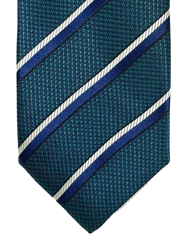Canali Silk Tie Navy Green Silver Stripes Pattern SALE
