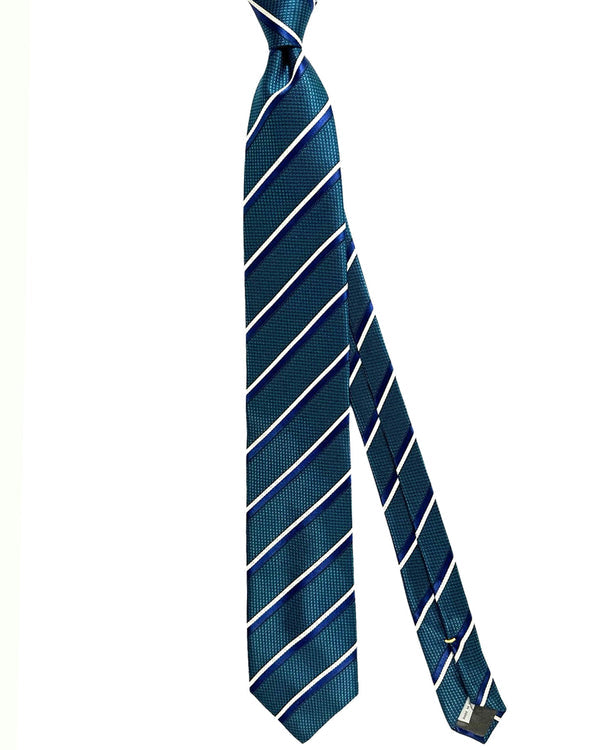 Canali Silk Tie Navy Green Silver Stripes Pattern SALE