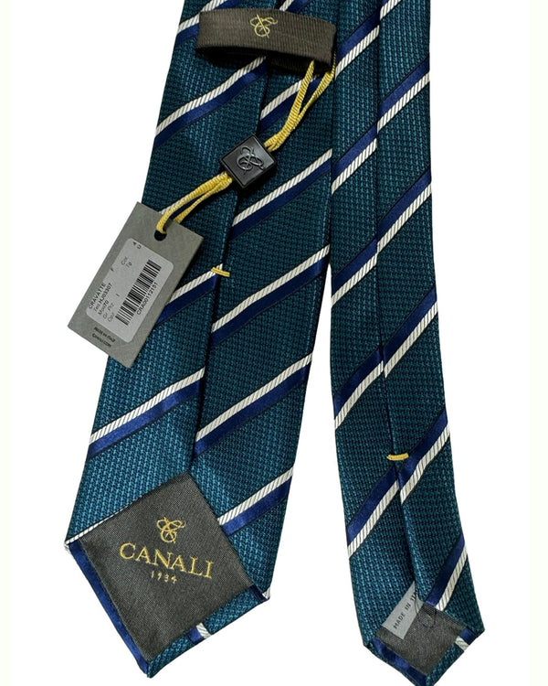Canali Silk Tie Navy Green Silver Stripes Pattern SALE