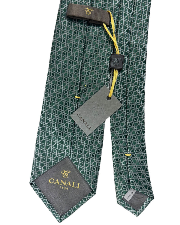 Canali Silk Tie Dark Green Silver Geometric - NEW 2024 Collection