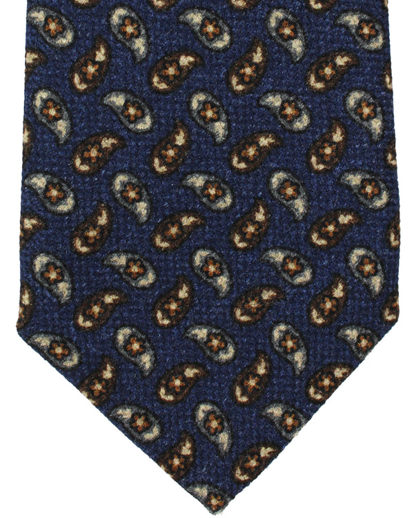 Isaia Sevenfold Tie Navy Brown Gray Paisley Design - Wool Silk SALE