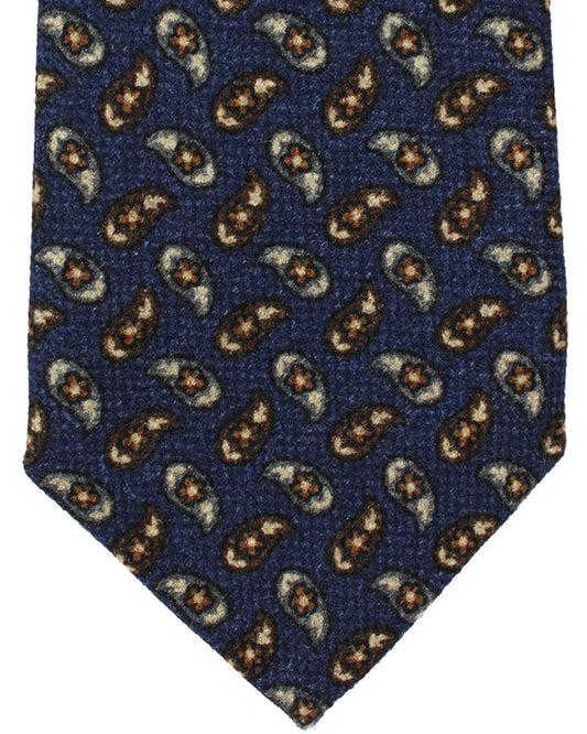 Isaia Sevenfold Tie Navy Brown Gray Paisley Design - Wool Silk SALE