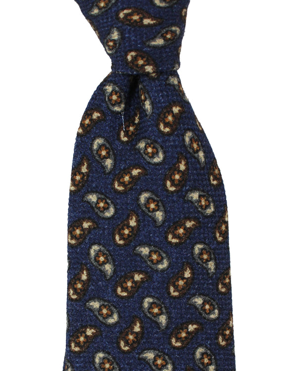 Isaia Sevenfold Tie Navy Brown Gray Paisley Design - Wool Silk SALE