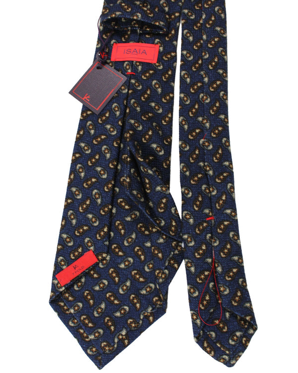 Isaia Sevenfold Tie Navy Brown Gray Paisley Design - Wool Silk SALE