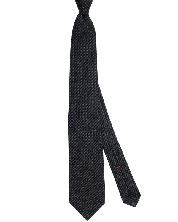 Isaia Tie Black Gray Pattern - Sartorial Wool Silk Sevenfold Necktie