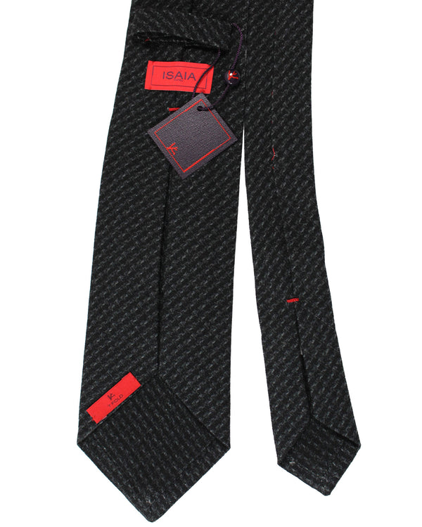 Isaia Tie Black Gray Pattern - Sartorial Wool Silk Sevenfold Necktie