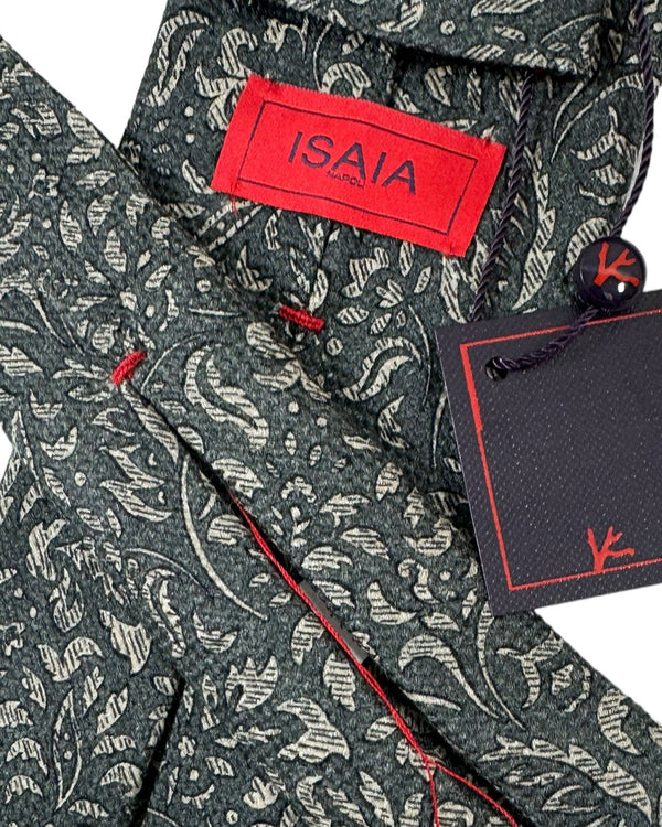 Isaia Tie Gray Floral Design - Wool Silk Necktie