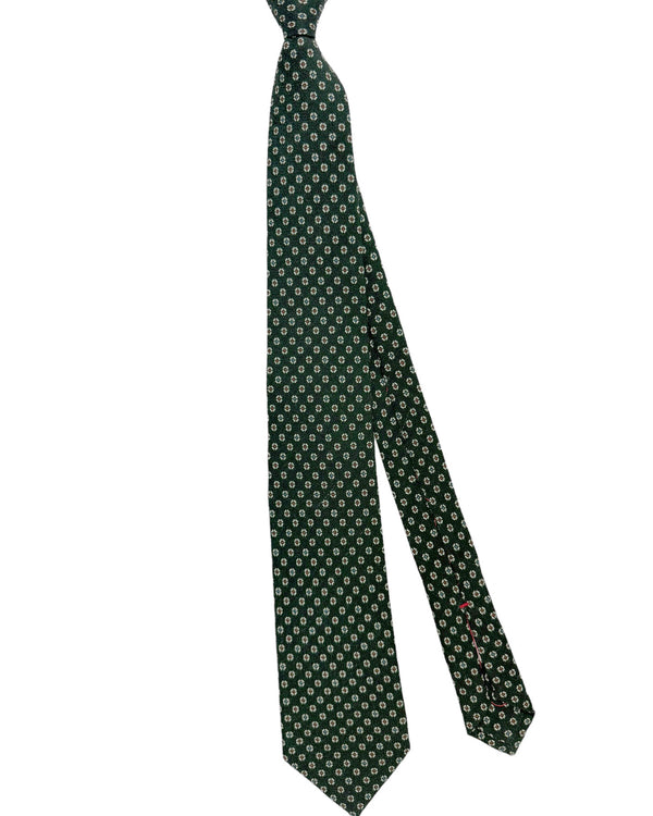Isaia Tie Dark Green Mini Floral Design - Sevenfold Wool Silk Necktie
