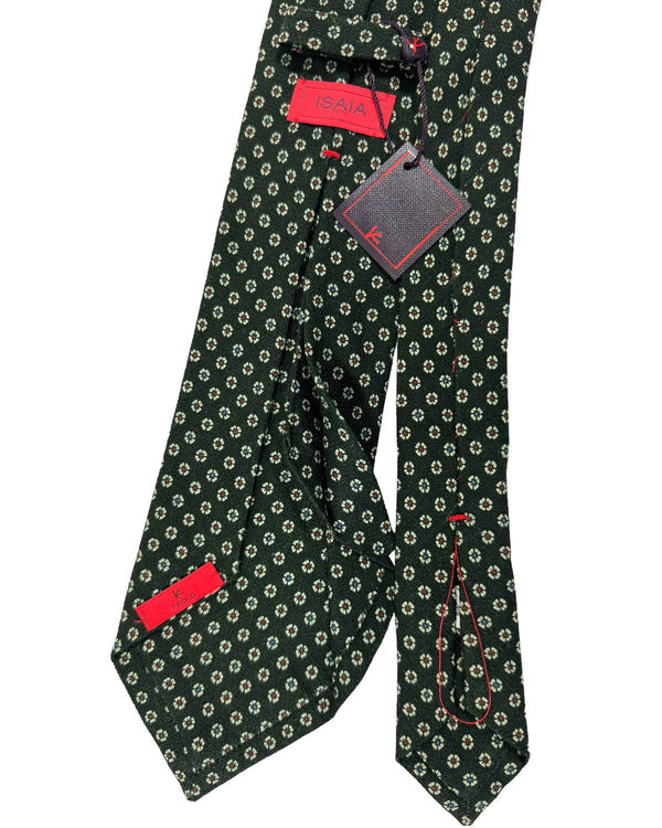 Isaia Tie Dark Green Mini Floral Design - Sevenfold Wool Silk Necktie