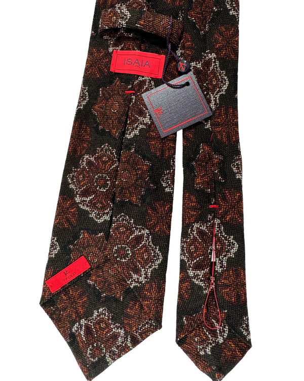 Isaia Tie Brown Floral Design - Sevenfold Wool Silk Necktie