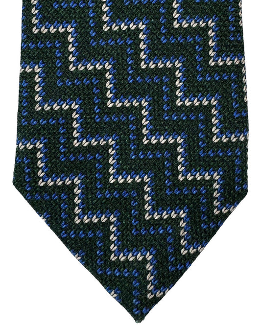 Isaia Tie Dark Green Royal Blue Zig Zag Design - Sevenfold Wool Silk Necktie