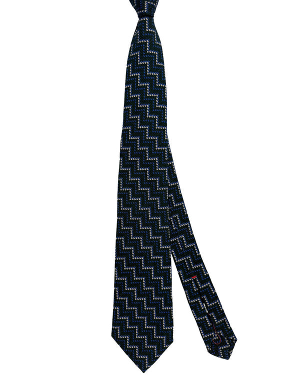 Isaia Tie Dark Green Royal Blue Zig Zag Design - Sevenfold Wool Silk Necktie