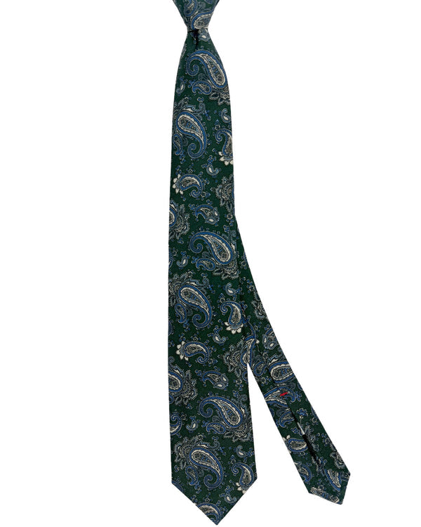Isaia Tie Dark Green Royal Blue Paisley Design - Sevenfold Cotton Silk Necktie
